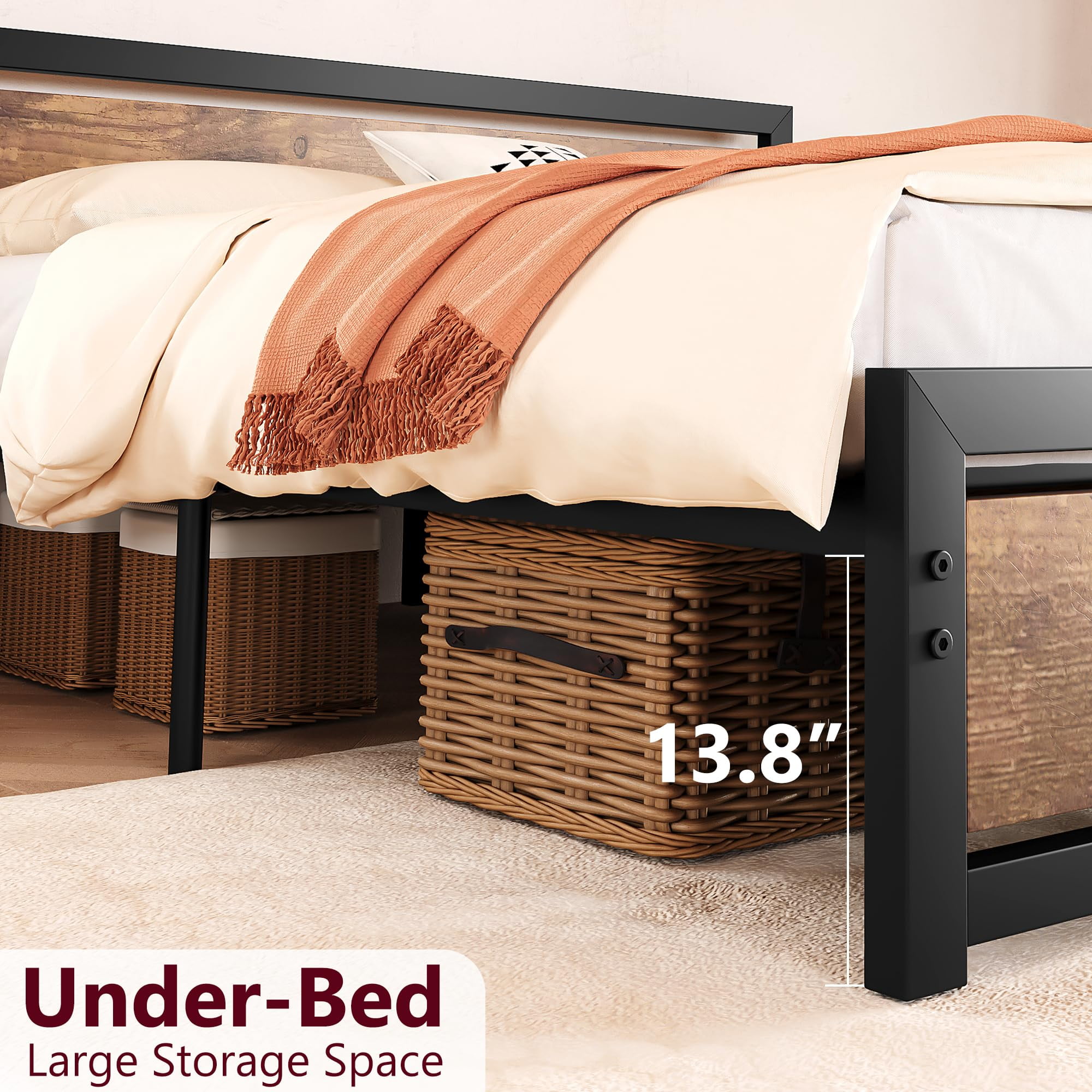 King Size Bed Frame with Wooden Headboard and Footboard, Metal King Bed Platform No Box Spring Needed, 14 inch Easy to Assemble Noise Free King Bed Frame, Rustic Brown