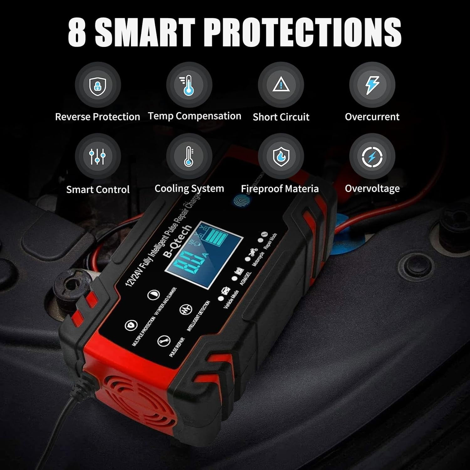 B-Qtech 12V/24V 2-150Ah Car Battery Charger, Repair Smart Automatic Charging for Car Motorcycle 110V-240V