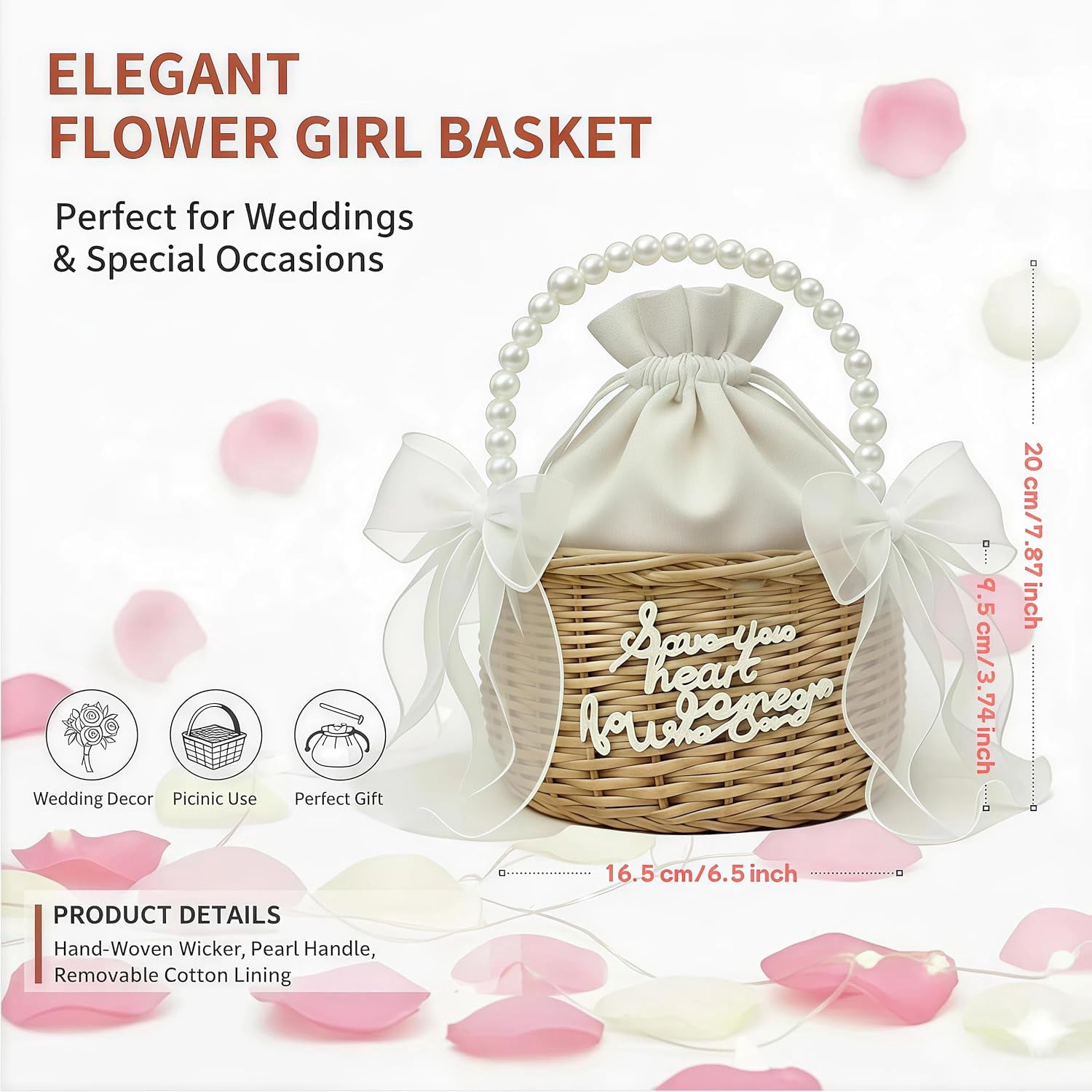 Handwoven Rattan Flower Basket with Pearl Handle – Ideal for Wedding Petal Toss, Outdoor Ceremonies, Bridal Photos, Aisle Walks, Easter Basket, Camping Basket, Gift Basket, or Home Storage