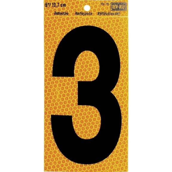 Hy-Ko Reflective Vinyl Number Sign - Self-Adhesive, Black, 5 In., Number 3, 1 Pc.