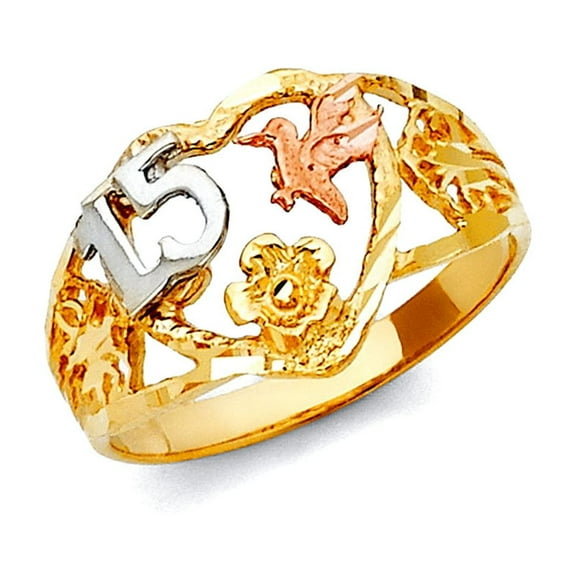 14k Yellow Gold White Gold and Rose Gold Quinceanera Sweet 15 Years Ring Size 7 Ring for Women