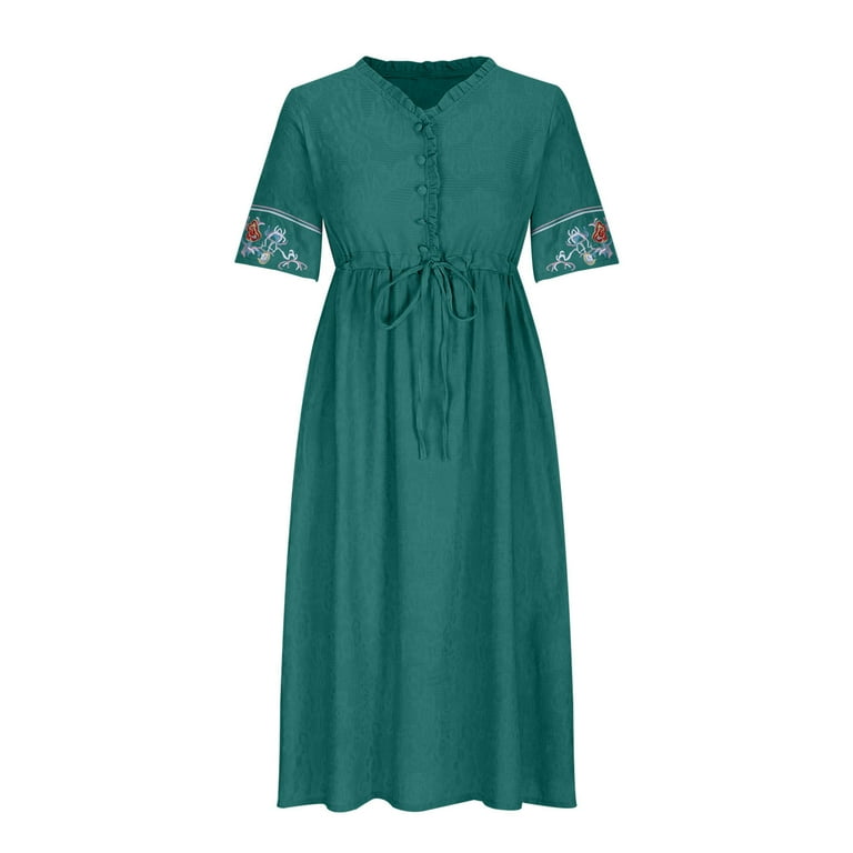 Sakmal Long Womens Dresses V-Neck Green Button Down Elbow-Length Solid Vintage  Shift Dress - Walmart.com