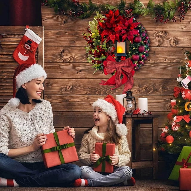 Guirnaldas de otoño, grandes coronas navideñas para puerta de entrada, corona navideña artificial iluminada con lazo, corona navideña roja para puerta de entrada con Navidad, una decoración navideña