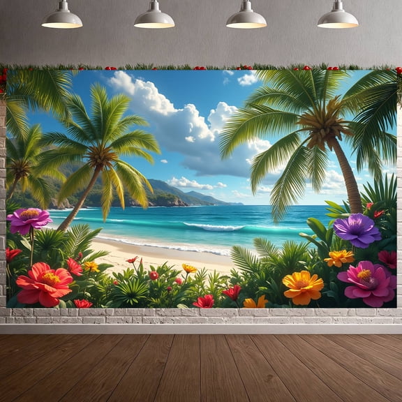 Tropical Theme Beach Banner Vacation Design Palm Trees Ocean Scenery for Summer Event Beach Party Tropical Decor