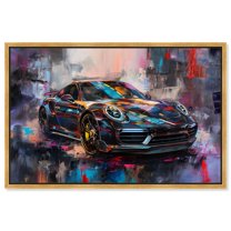 Porscheâ€™s Vibrant Canvas Lux Car Paintings by Art Remedy, Gold Frame, 30" x 20"