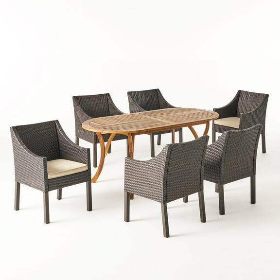 GDF Studio Llano Outdoor Acacia Wood and Wicker 7 Piece Dining Set with Cushions, Teak, Multibrown, and Cream