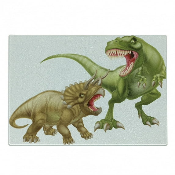 Dinosaur Cutting Board, T Rex Versus Triceratops Scaring Each Other Wild Reptiles Dinosaur, Decorative Tempered Glass Cutting and Serving Board, Small Size, Green Pink Pale Brown, by Ambesonne