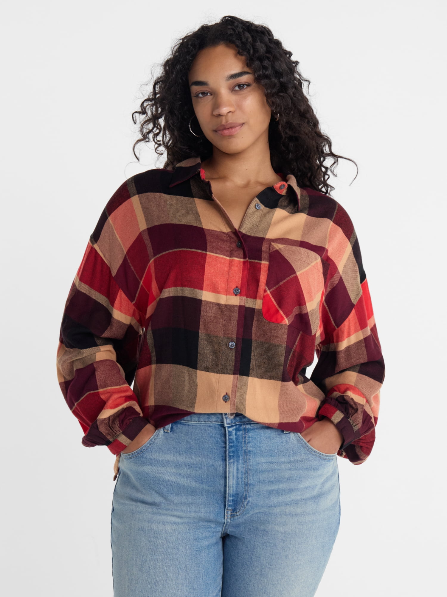Scenario Women's Flannel Shirt with Long Sleeves, Sizes XS-XXXL