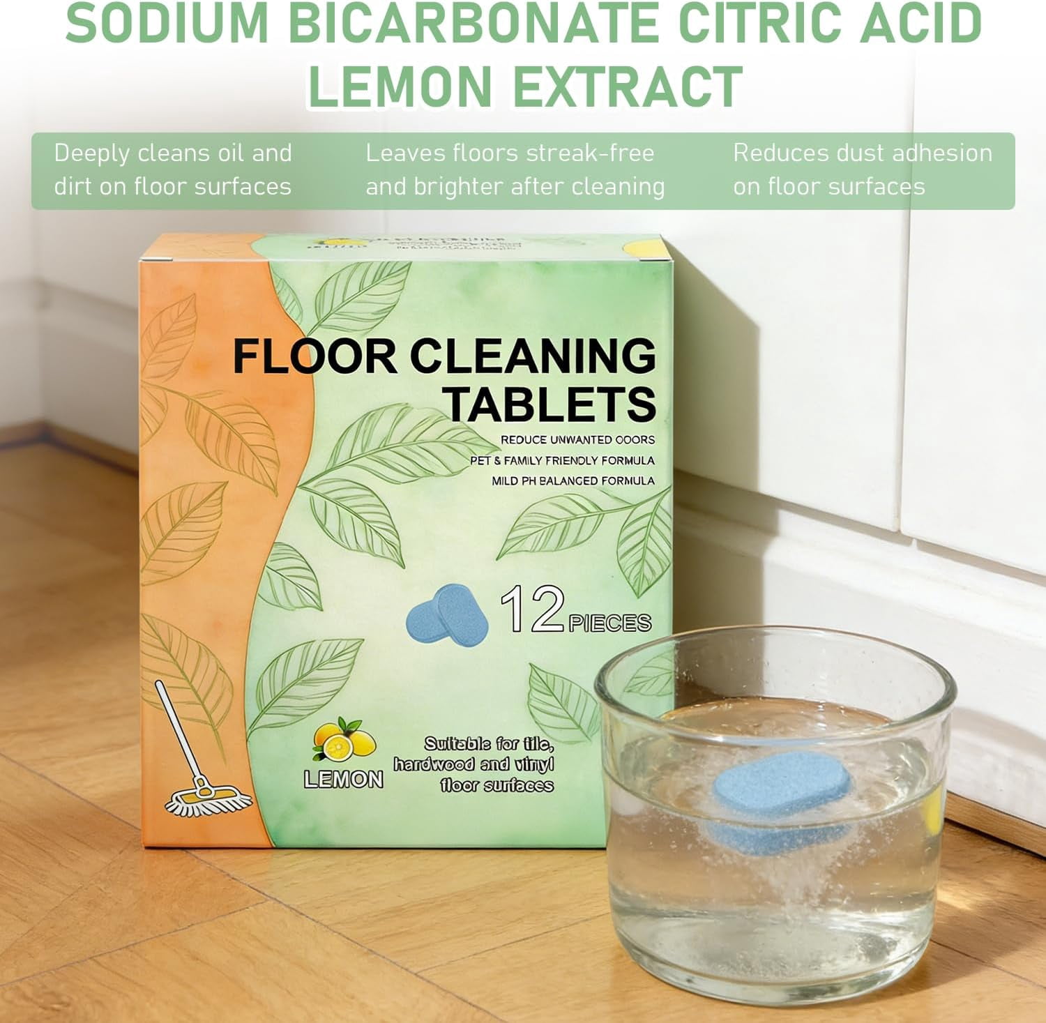 Floor Cleaning Concentrate Tablets (12-Pack)，Deep Cleaning, Powerful Formula, Fresh Lemon Scent — Compatible with Robot Vacuums/Mops and Wet/Dry Vacuums