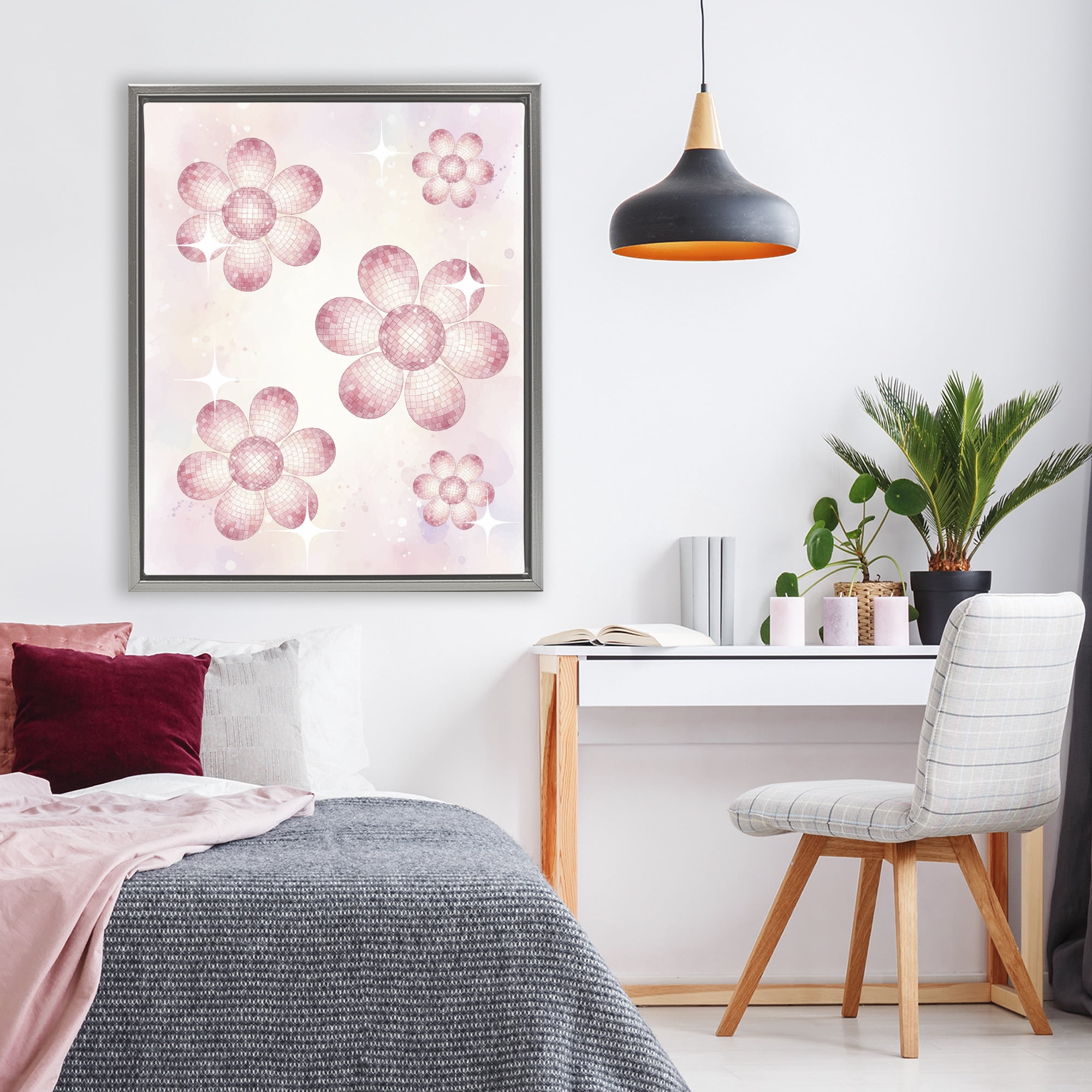 Stupell Industries Disco Ball Floral Patterns Gray Framed Floater Canvas Wall Art, design by Lil' Rue
