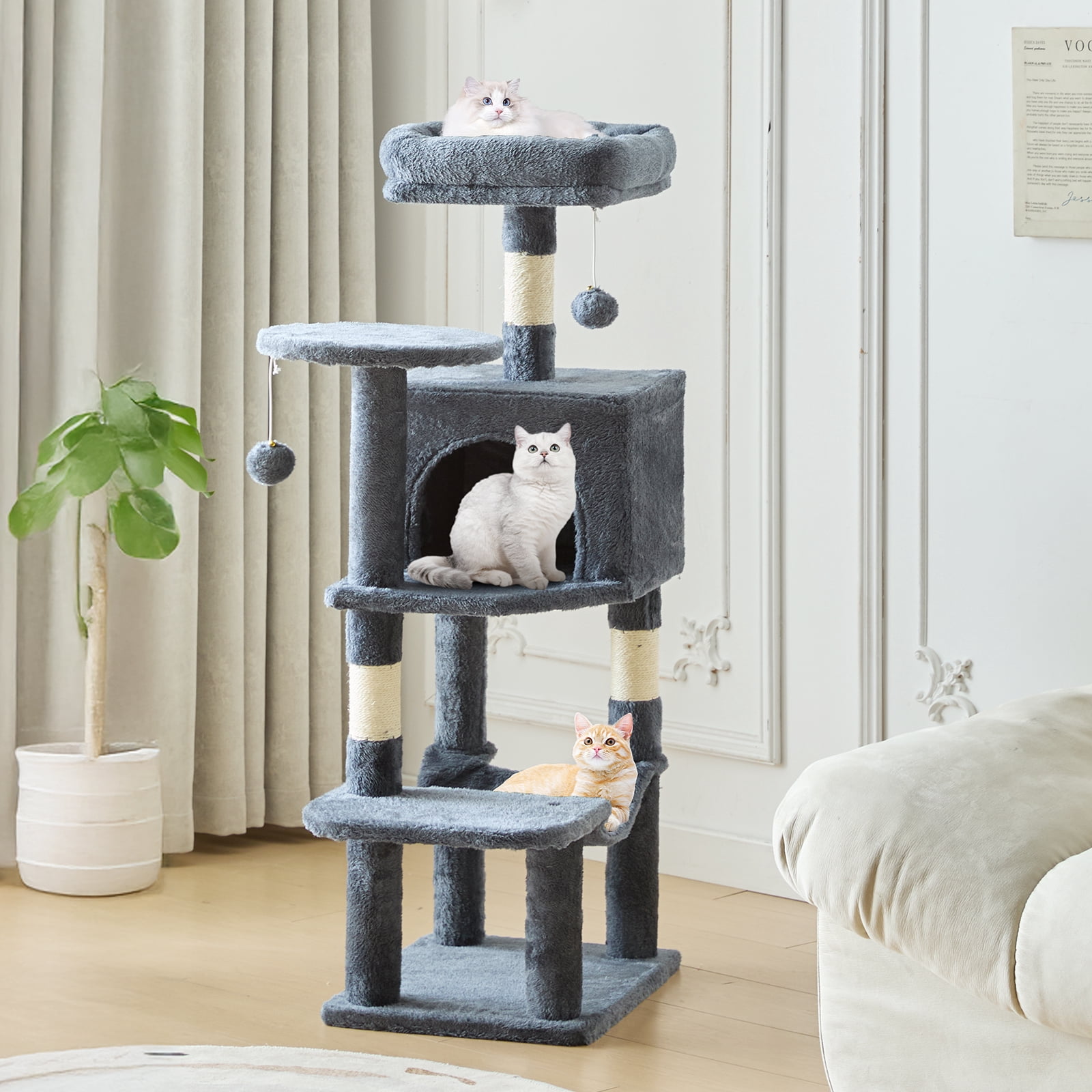 CONCETTA 44in Multi Level Cat Tree Tower,Cat Scratching Posts with Large Top Perch and Hammock,Gray
