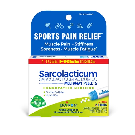 Boiron Sarcolacticum Acidum 3C Bonus Pack, Homeopathic Single Medicine For SportsPain, Muscle Pain, Stiffness, Soreness, Muscle Fatigue, 240 Pellets