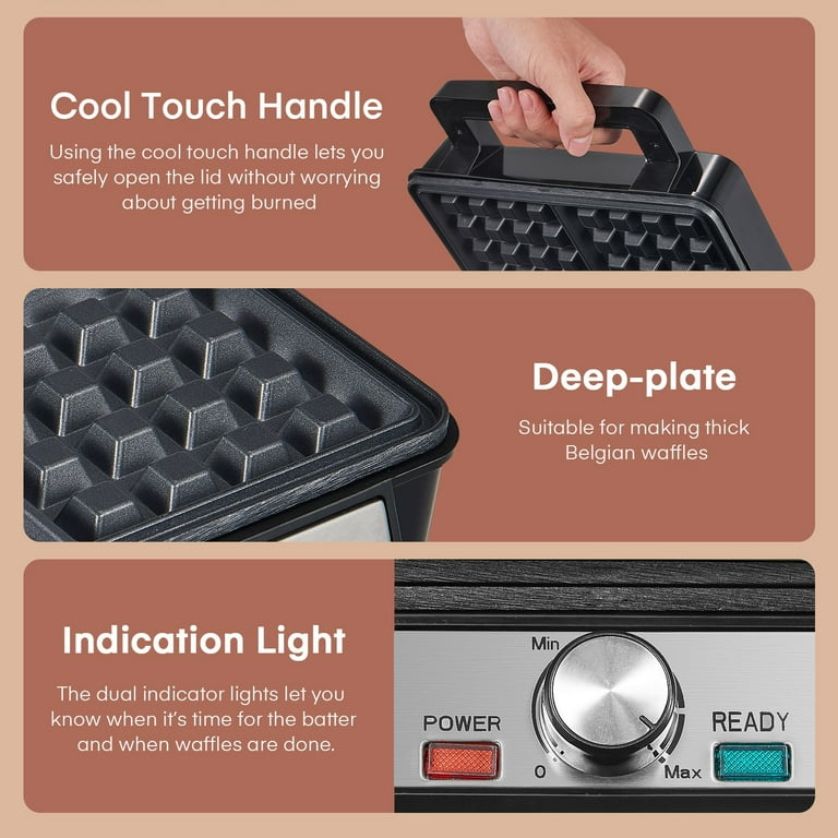 FOHERE 1200W Belgian Waffle Maker, 4-Slice, Nonstick, 5-Level