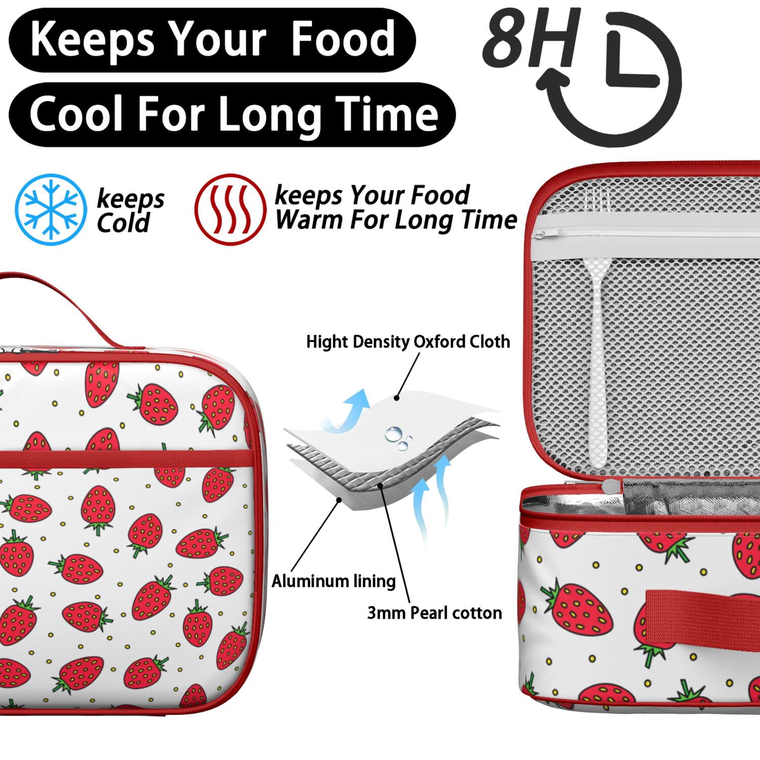 Lightweight Insulated Lunch Bag with Strawberry Strawberries Cute Red Sweet Kawaii Fruity Strawberry Lover I Love Strawberries Fruit Fresh Summer Red Berry Berry Berries Flowers Designs – Durable Lun