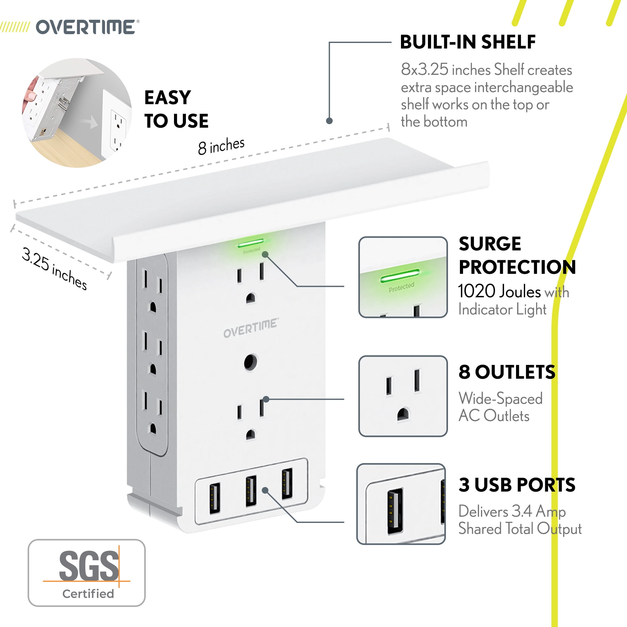 Overtime Outlet Extender, Outlet Splitter With 8 AC and 3 USB Outlets, Detachable Shelf, Multi-Plug Outlet Extender With Surge Protector for Home Appliances, Office, and Travel - White
