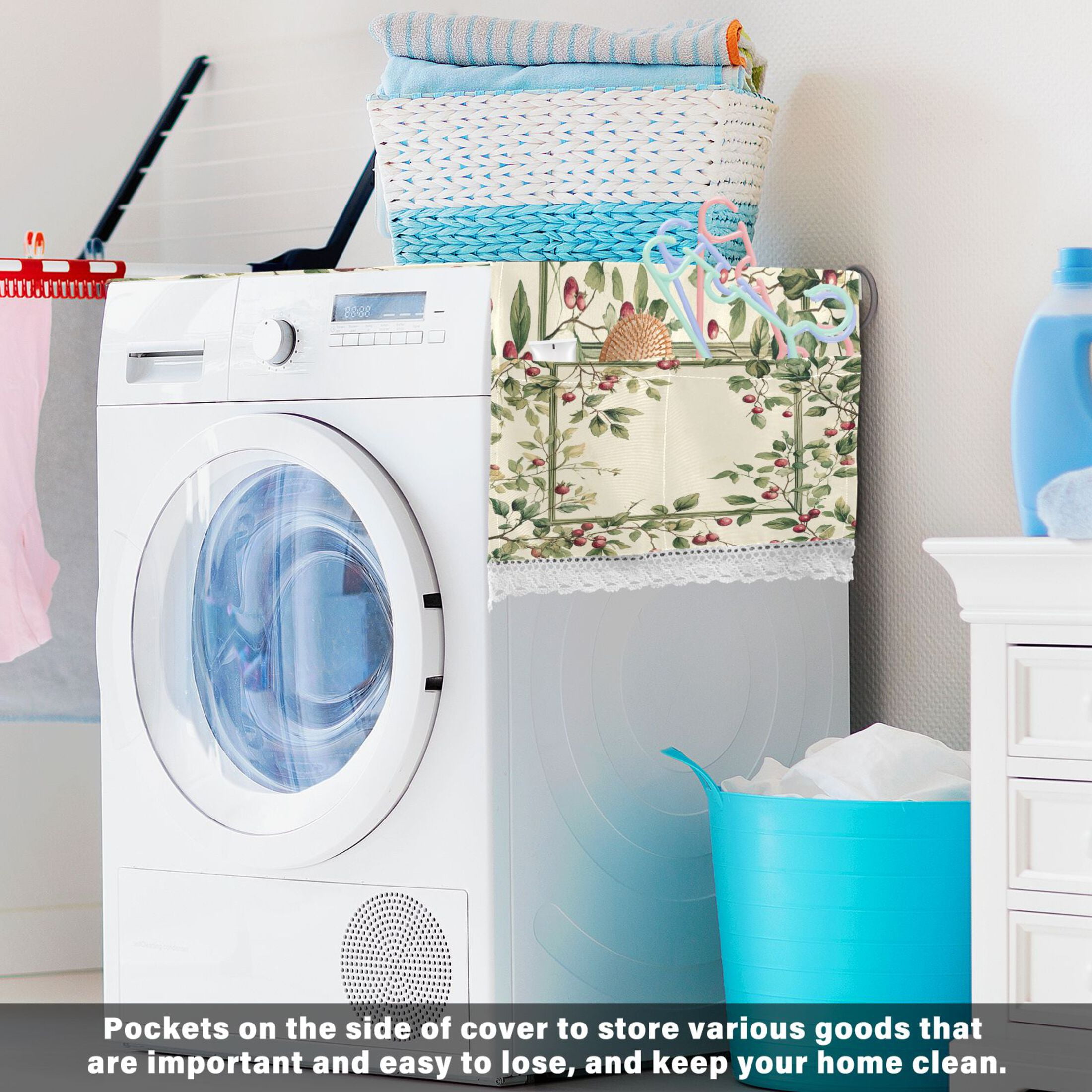 Red Fruit PatternWasher and Dryer Covers Dust-Proof and Oil Resistant Fridge Cover with 4 Storage Pockets Washing Machine Top Cover for Laundry Kitchen Home 51.2 x 22 In