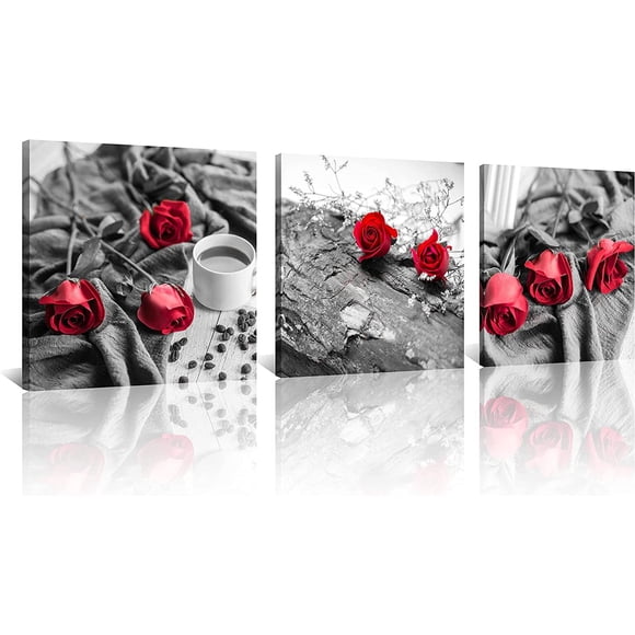 Canvas Print 3 Pcs Red and Black Bathroom Decor Red Rose Canvas Art Painting Red Wall Art Decorations Rose Decor Flower Picture on Canvas for Home Decor Stretched and Framed (16X16inchX3pcs, B&w Rose)