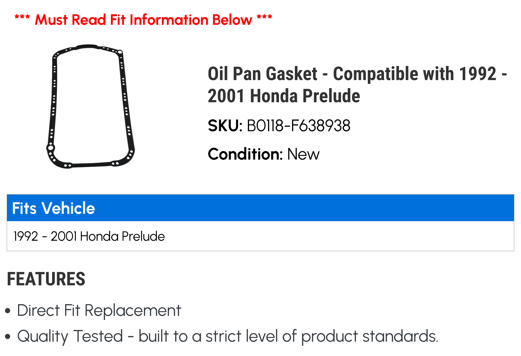 Oil Pan Gasket - Compatible with 1992 - 2001 Honda Prelude 1993 1994 1995 1996 1997 1998 1999 2000