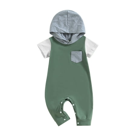 

Coduop Baby Boys Summer Casual Hooded Jumpsuit Short Sleeve Contrast Color Bodysuit Playsuit