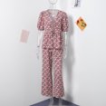 thumbnail image 5 of Conjunto de pantalón largo estampado para mujer, camisa de manga corta con cordones, pantalones informales, 2 piezas, verano 2024, 5 of 5