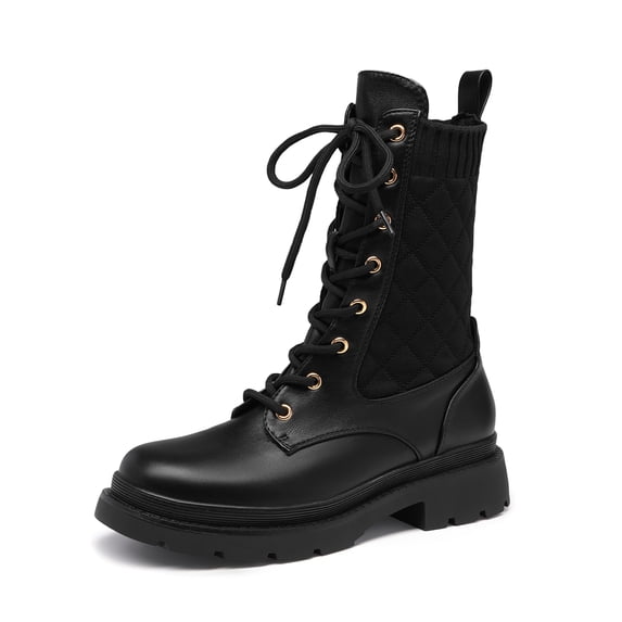 Dream Pairs Women's Fashion Lug Sole Ankle Booties Lace-Up Mid Calf Combat Boots SDMB2217W BLACK Size 6.5