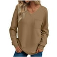thumbnail image 2 of Women Long Sleeve Thermal Tops Fleece Cotton V Neck Pullover Sweater Basic Sweatshirt with Chest Pocket (L, Khaki), 2 of 7