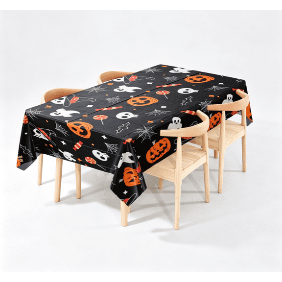 Halloween Tablecloth 2-Pack, Black Pumpkin Plastic Table Cover Disposable for Party Decor, Spooky Ghost Bat Tablecloth for Outdoor Indoor Halloween Party Supplies