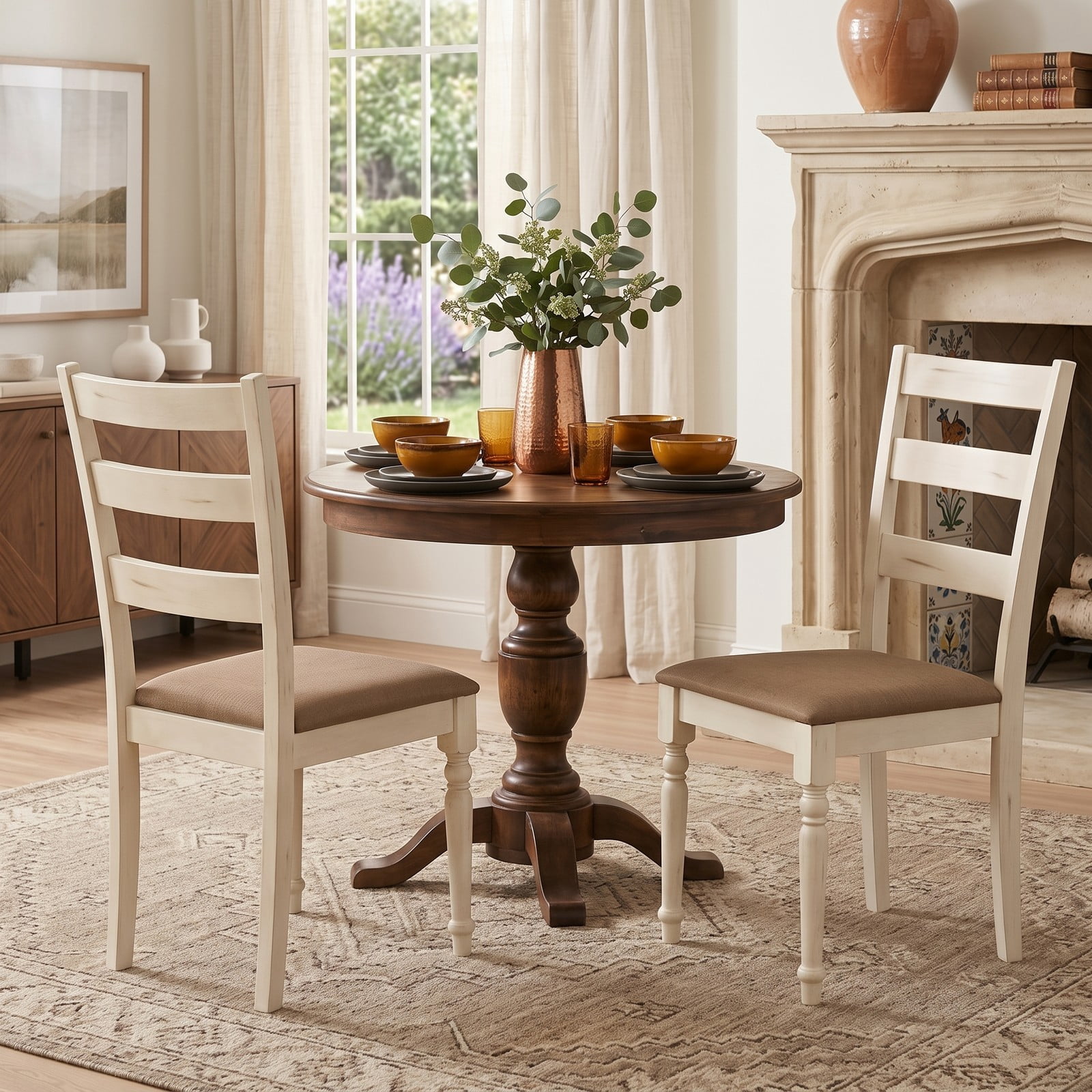 Furnibear Rubber Wood Dining Chairs Set of 2, Upholstered Kitchen Side Chairs with Padded Linen Seat, Slatted Curved Backrest and Carved Wood Legs for Dining, White