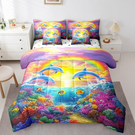 Erosebridal Blue Dolphin Bed in a Bag Twin size, Colorful Coral Bed Set, Sunset Rainbow Decor, Reversible 7pcs