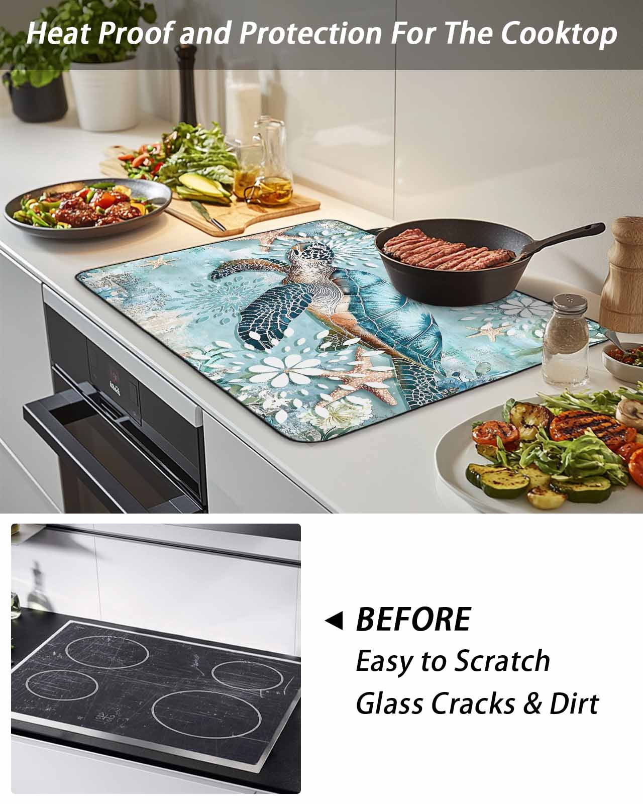 Stove Top Covers for Electric Stove, Sea Turtle Coastal Glass Stovetop Cover Protector, Vintage Teal Nautical Beach Botanical Induction Cooktop Protector Oven Mat for Kitchen Countertop 24"x21"