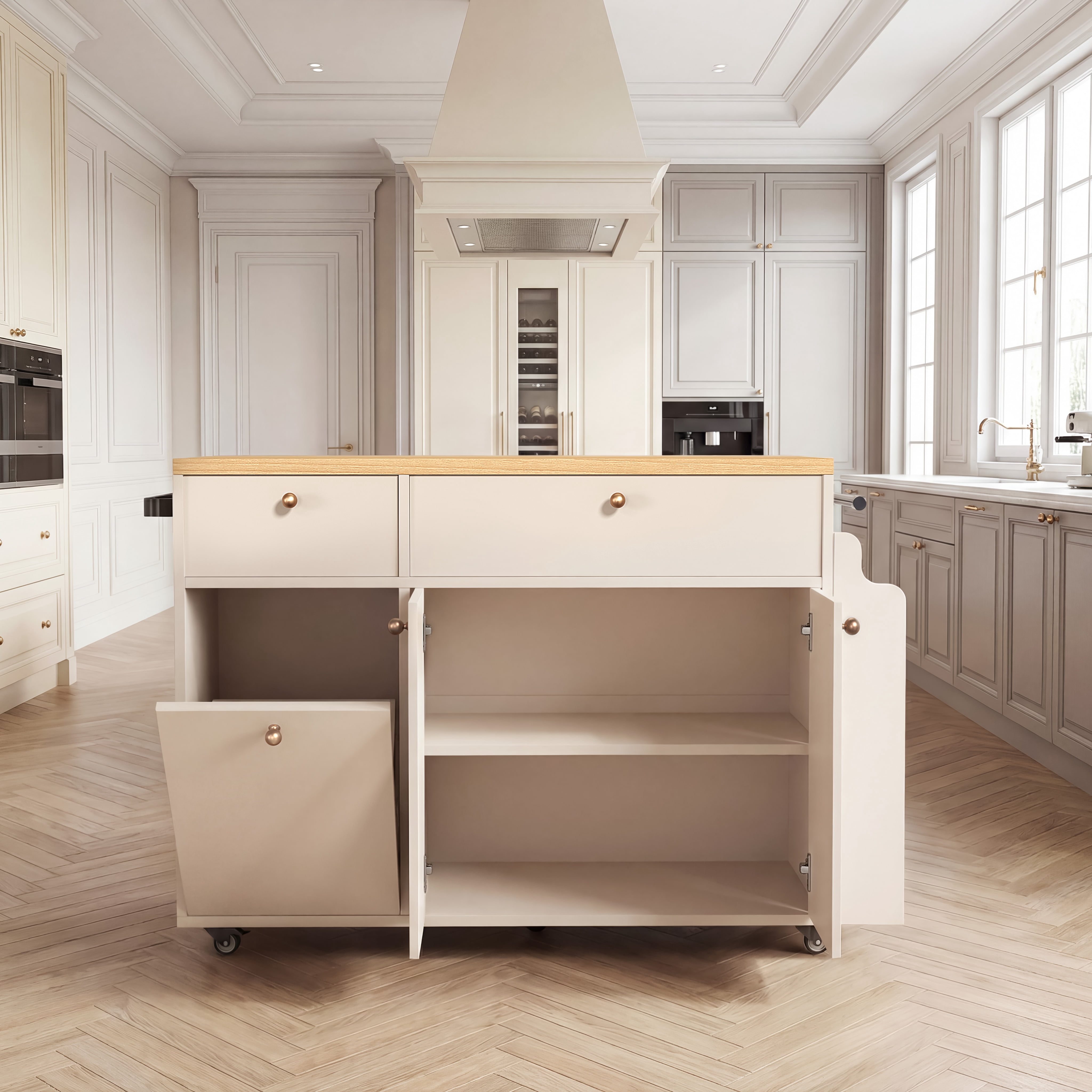 Mintazer Kitchen Island with Storage Rolling Kitchen Island Cart with Drop Leaf Extension, Drawers, Spice Rack, Towel Bar, Mobile Kitchen Cart for Kitchen & Dining Room, White
