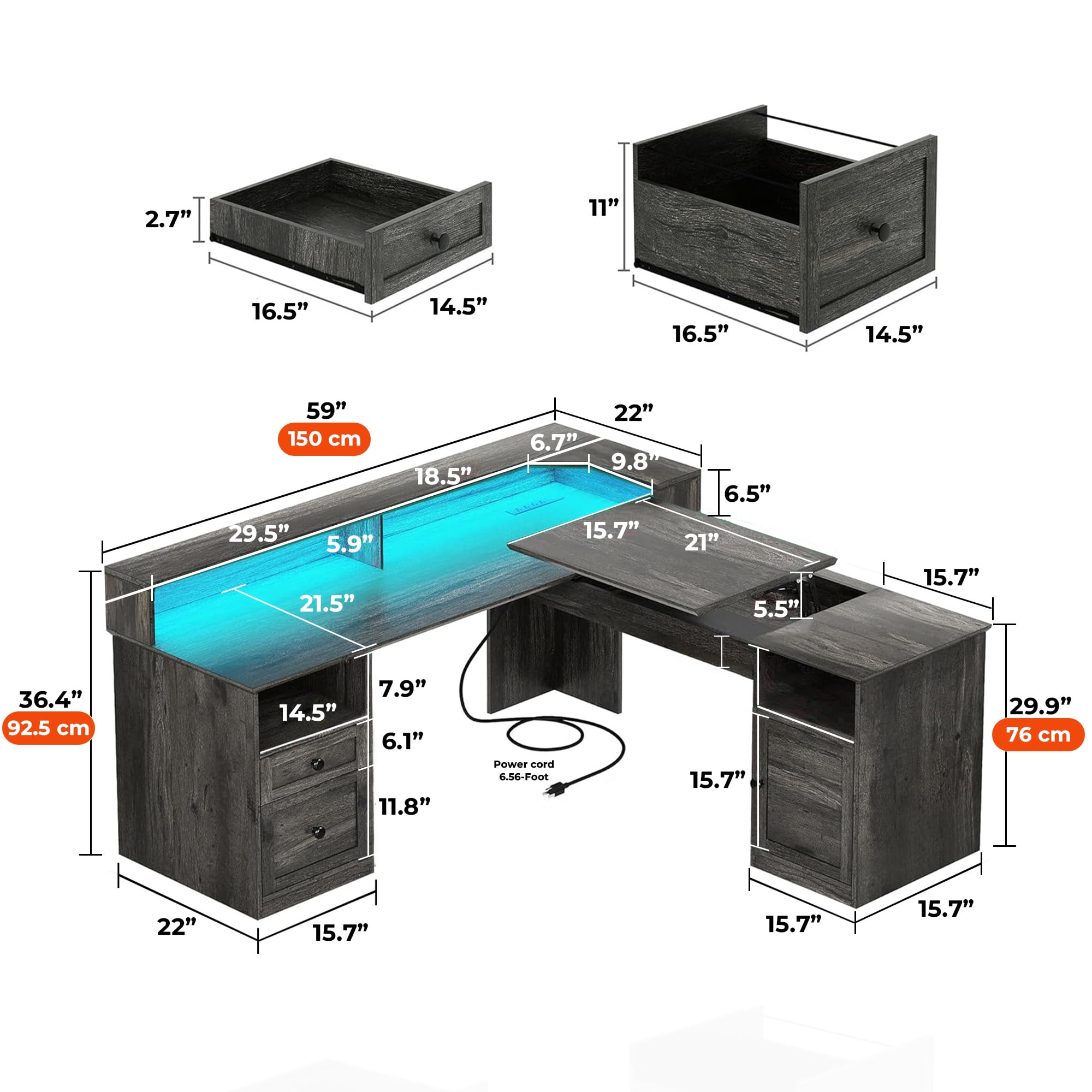 ModFusion L Shaped Desk with Charging Station, Storage Shelves, Drawers & File Cabinet, 60" Adjustable Lift Top Corner Computer Desk with Monitor Stand, Wood Gray