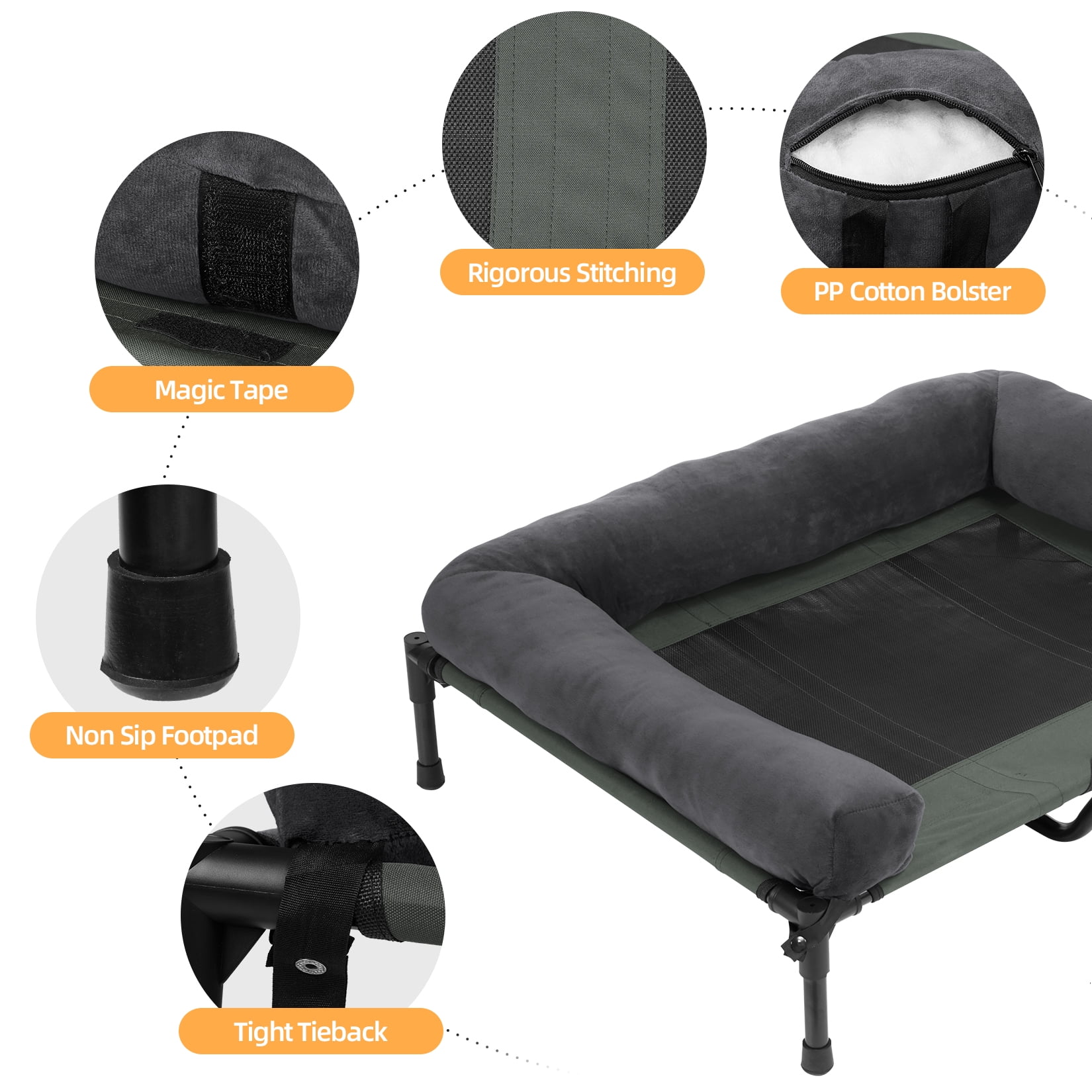 Bingopaw 4 in 1 Elevated Pet Dog Bed with Bolster, Gray, Large, 35"L