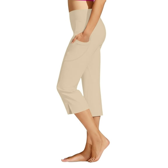 OSOLU Capri Pants For Women High Waist Workout Yoga Pants With Pockets Leggings Crop Straight Workout Stretchy Running Tummy Control Joggers Bottoms Light Yellow XL