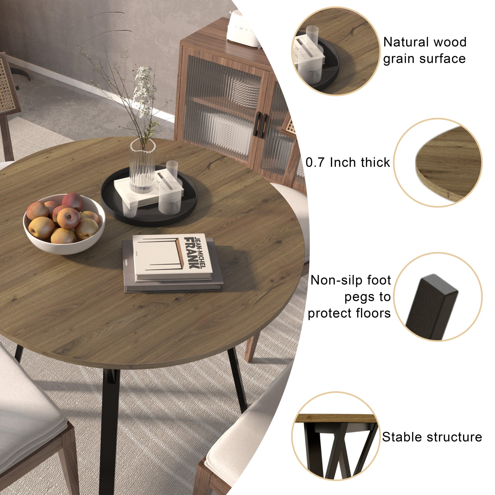 Modern Round Dining Table,35.43" Small Circle Kitchen Table with Metal Black Legs for 2-4 people,Brown