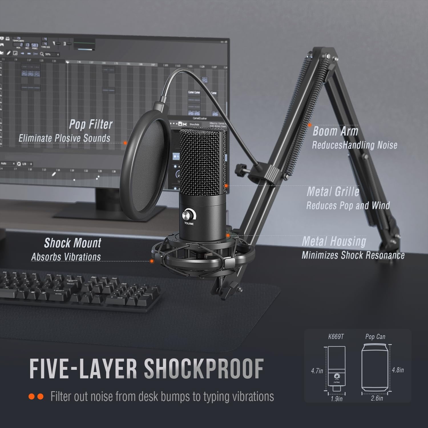Studio Condenser USB Microphone Computer PC Microphone Kit with Adjustable Boom Arm Stand Shock Mount for Instruments Voice Overs Recording Podcasting YouTube Vocal Gaming Streaming-T669