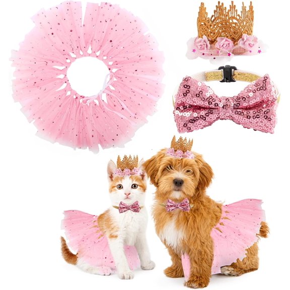 Dog Tutu Skirt Dog Cat Birthday Party Supplies,Cat Dogs Wedding Dresses with Bowtie and Dog Party Hats Princess Crown Hat Set,Sweet Gift for Small to Medium Dogs Cat