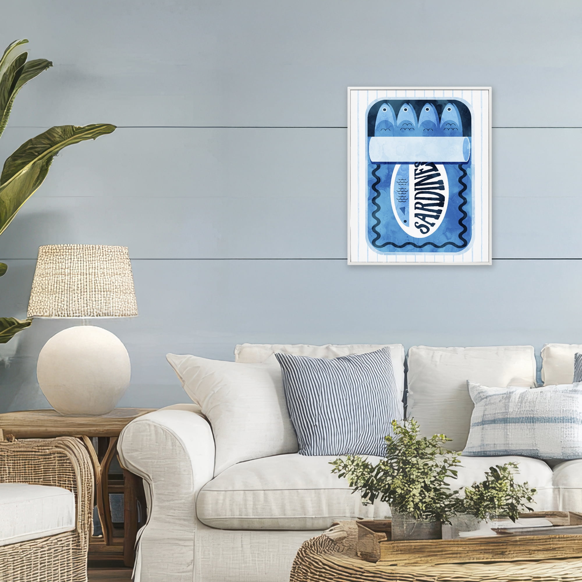 Blue Sardine Tin Over Stripes White Framed Giclee Art, design by Daphne Polselli