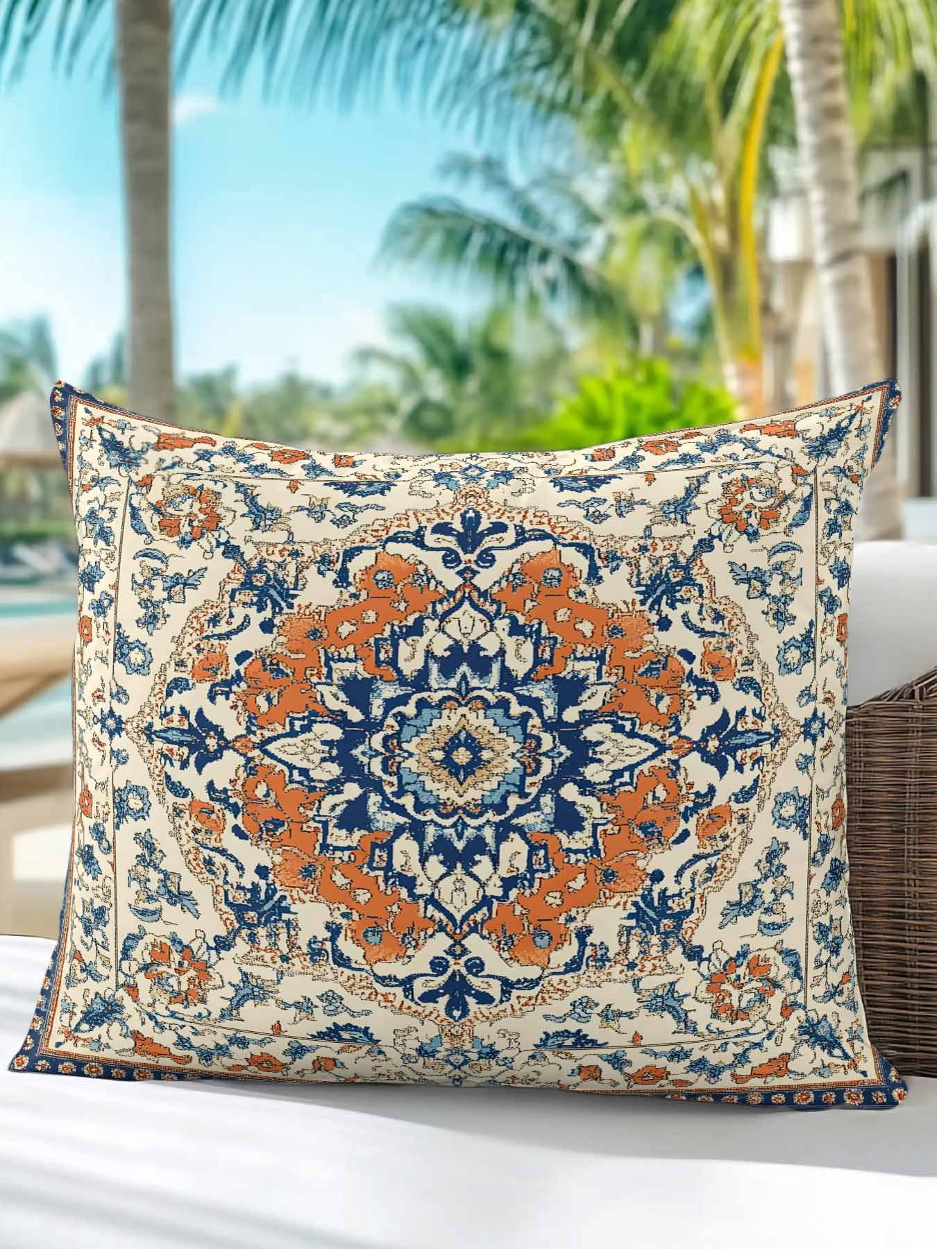 Outdoor Pillows Waterproof, Orange Blue Ethnic Rustic Bedding Throw Pillows with Insert for Couch Sofa Bed, Boho Southwestern Heritage 16x16 Inch Pillowcases Decorative Camping Patio Pillow Set of 1