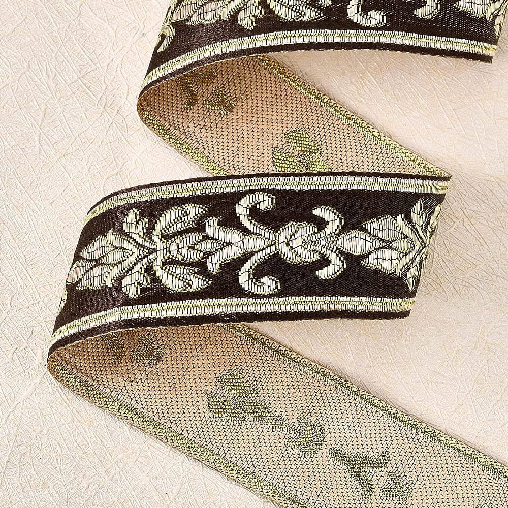 27 Yard 1.18 Inch Vintage Jacquard Ribbon Coconut Brown Emobridered Woven Trim Gold Floral Webbing Ribbon for DIY Clothing Accessories Embellishment