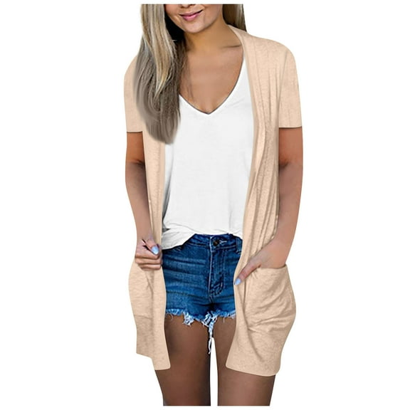 TQWQT Summer Cardigan for Women Casual Drape Dusters Short Sleeve Open Front Lightweight Summer Cardigan with Pocket Beige S