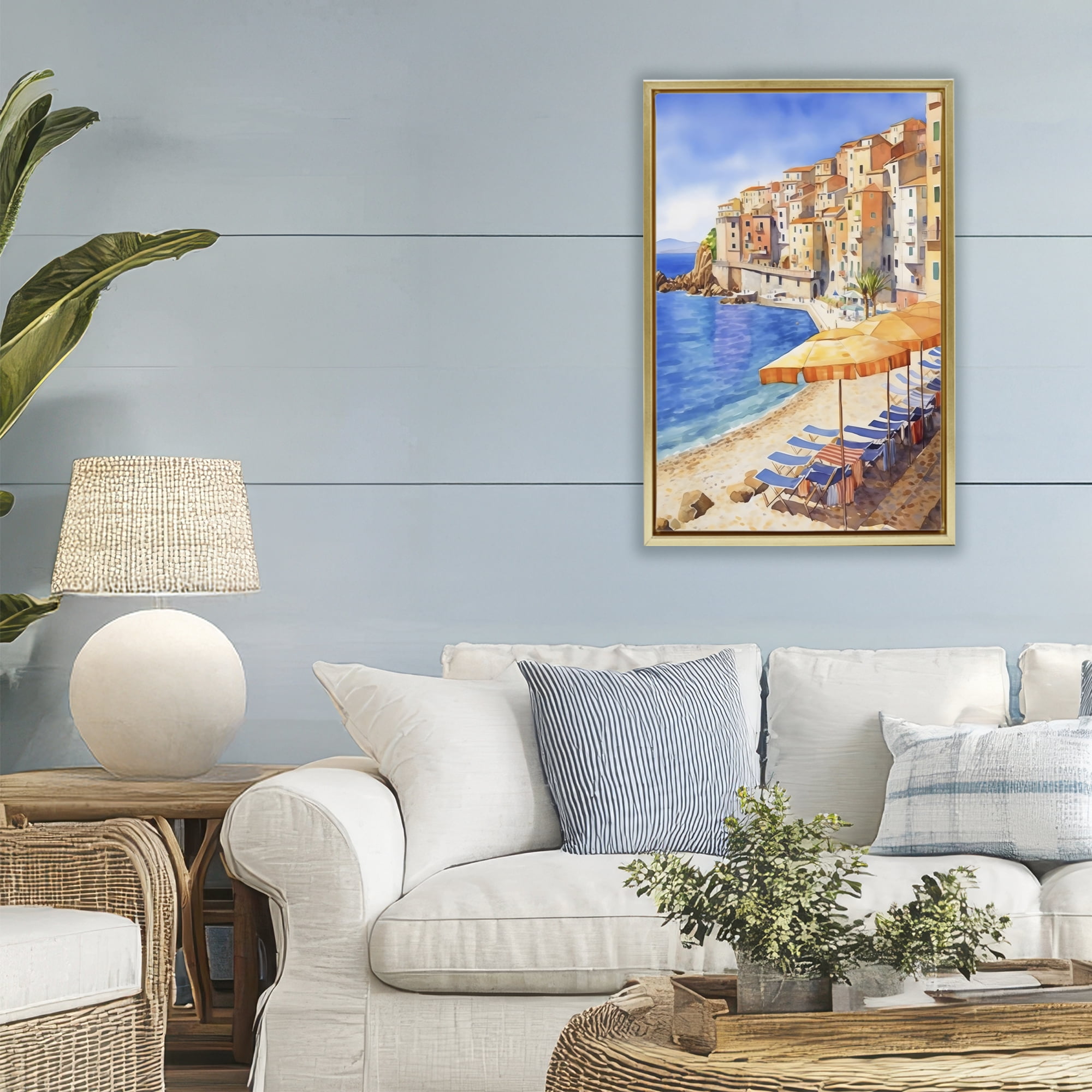 Stupell Industries Beach Lounging on Mediterranean Shore Gold Framed Floater Canvas Wall Art, design by Creative Studio