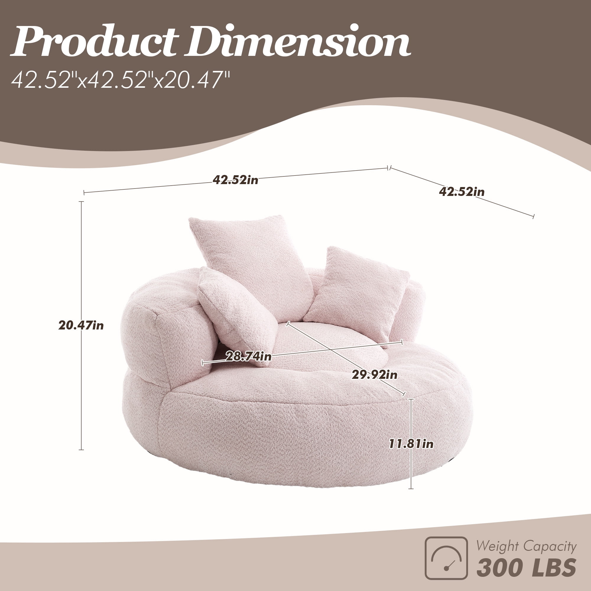MOONMISS Oversized Bean Bag Chair, Chenille Lazy Bean Bag Sofa with Wrap-Around Backrest & Pillows for Living Room,Pink