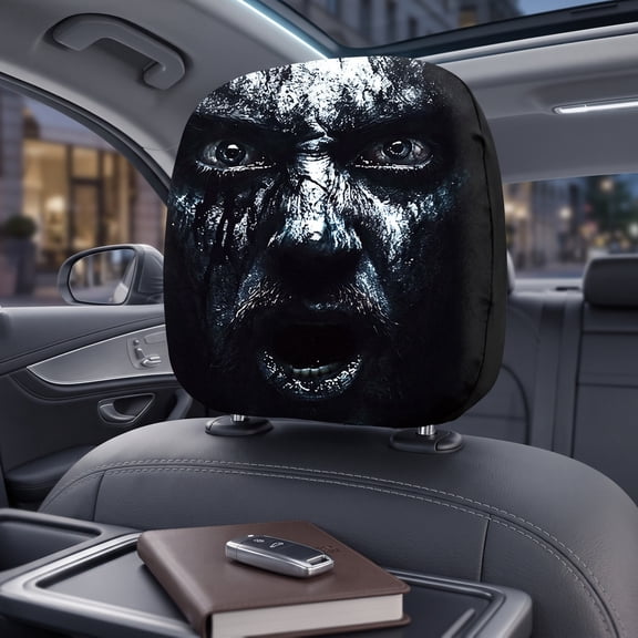 Halloween Car Headrest Covers Set of 2, Scary Pumpkin Demon Face Auto Head Rest Protector, Funny Prank Car Interior Decor Accessories