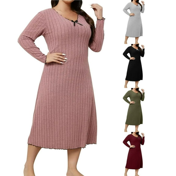 Fashion SMihono Ribbed Knit Long Dress for Women Plus Size V Neck Long Sleeve Sleep Dress Ladies Sleepwear Soft Comfy Nightgowns Black XXXXXL