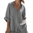 thumbnail image 3 of Pounoo 2 Piece Cotton Linen Sets for Women Collared Button Down Cuffed Short Sleeve Tops Elastic Waist Casual Shorts Summer Lounge Beach Outfits Gift, 3 of 9