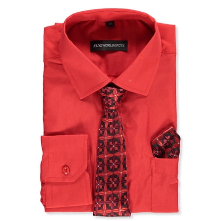 Kids World Boys’ Dress Shirt & Tie (Patterns May Vary) Color: red Size: 7
