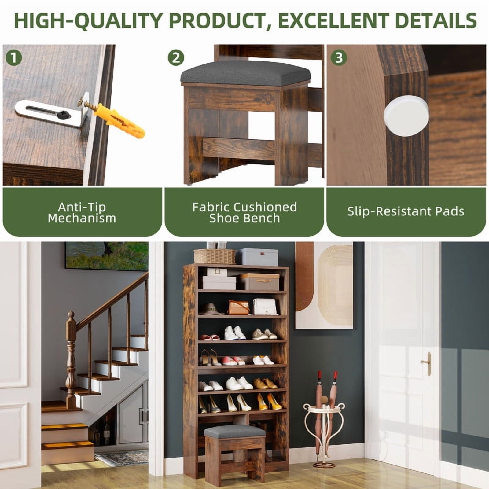 UFORIC 8-Tier Shoe Cabinet with Bench, 70.9" Tall Open Shoe Storage for Entryway, Brown