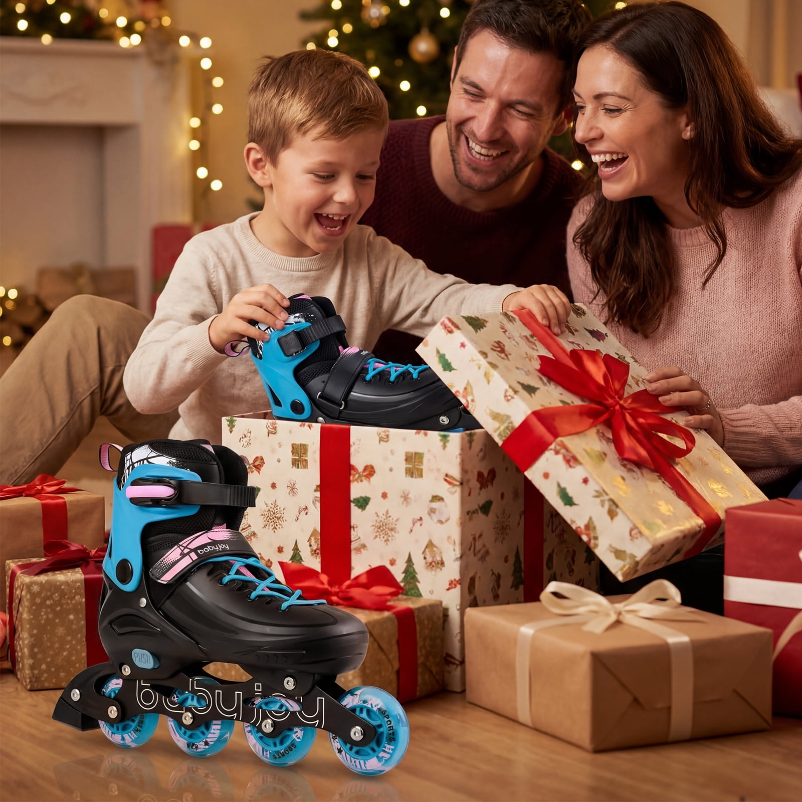 Babyjoy 4-Size Adjustable Light-Up Roller Skates with Illuminating Wheels & Safety Support Black