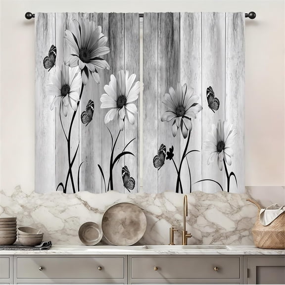 Black and Grey Floral Daisy Kitchen Curtains 27.5W X 39L Inch 2 Panel Rod Pocket Wooden Flower Rustic Daisy Vintage Butterfly Small Short Cafe Tier Window Drapes Country Bathroom Home Decor